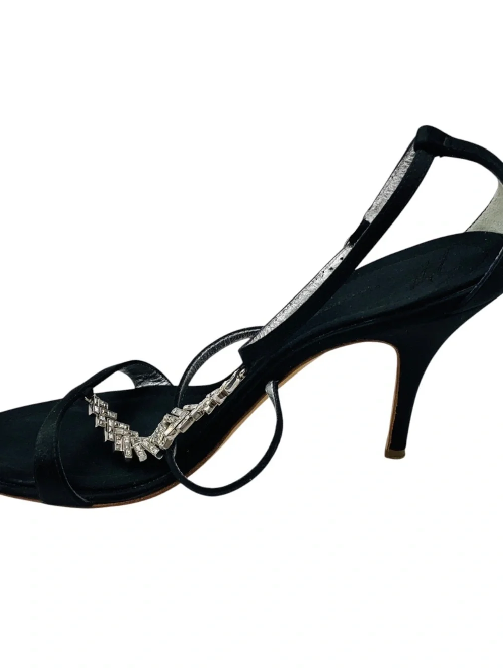 GIUSEPPE ZANOTTI BLACK CRYSTAL EMBELLISHED STRAPPY SATIN SANDALS
